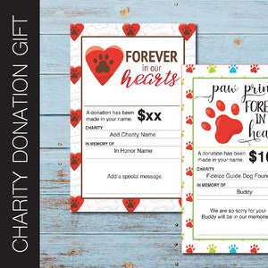 Tarjeta de regalo imprimible para donación benéfica por pérdida de mascotas. Simpatía por mascotas. Simpatía por perros. Rescate de mascotas. Descarga instantánea imprimible.
