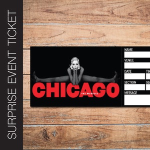 Druckbare CHICAGO Broadway Surprise Ticket. Bearbeitbares Musiktheater Faux Event Eintritt Souvenir Andenken. PdF Sofortiger digitaler Download.