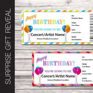 Ausdruckbare Geburtstags-Überraschungskarte.  Bearbeitbarer Künstler | Band | Venue Concert Reveal Coupon.  PdF Instant Download Datei.