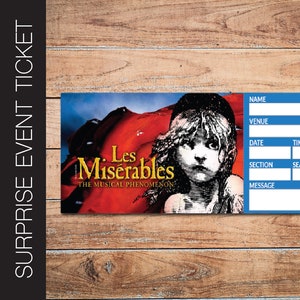 Druckbare LES MISERABLES Broadway Überraschungskarte. Bearbeitbares Musiktheater Faux Event Eintritt Souvenir Andenken. PDF Sofortdownload