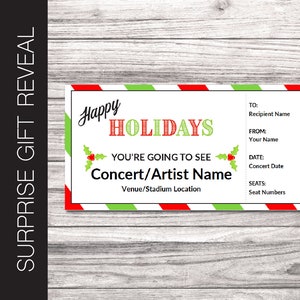 Ausdruckbare Feiertags-Überraschungskarte.  Bearbeitbarer Künstler | Band | Venue Concert Reveal Coupon.  PdF Instant Download Datei.