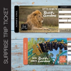 Ausdruckbare BUSCH GARDENS Surprise Trip Tickets. Urlaubsticket.  Mock Bordkarte / Eintrittskarte.