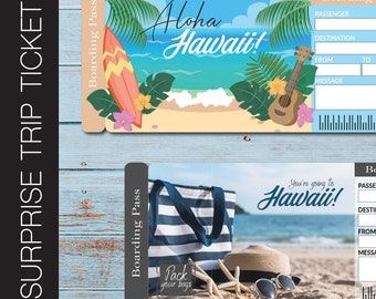 May include: Two printable boarding passes with a tropical theme. The top pass features a surfboard and palm trees with the text "Aloha Hawaii!" The bottom pass features a beach scene with the text "You're going to Hawaii!" Both passes have blank spaces for passenger, destination, from, to, and message.