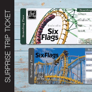 Druckbare SIX FLAGS Überraschungsgutschein. Bordkarte. Fahrtkarte. Eintrittskarte. Sofortdownload. Bearbeitbare PDF-Datei.
