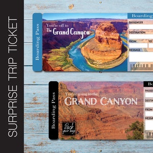 Bilhete-presente para viagem surpresa do GRAND CANYON para impressão. Cartão de embarque. Bilhete de viagem. Bilhete de férias. Download instantâneo. Arquivo PDF editável.