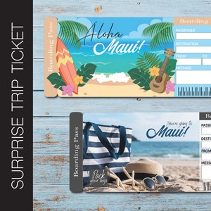 Printable MAUI Surprise Trip Gift Ticket. Boarding Pass. Printable Ticket. Trip Ticket. Vacation Ticket. Editable PDF Instant Download