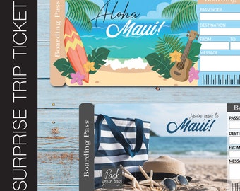 May include: Two printable boarding passes with a tropical theme. The top pass has a beach scene with a surfboard, palm trees, and the text "Aloha Maui!" The bottom pass has a beach scene with a beach bag, sunglasses, and the text "You're going to Maui!" Both passes have blank spaces for passenger, destination, from, to, and message.