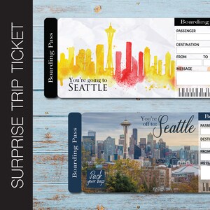 Printable SEATTLE Surprise Trip Gift Ticket. Boarding Pass. Trip Ticket. Vacation Ticket. Instant Download. Editable PDF File.