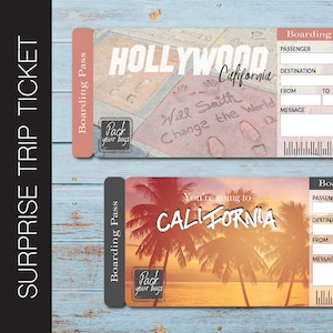 Boleto de regalo imprimible para viaje sorpresa a California. Tarjeta de embarque. Boleto imprimible. Boleto de viaje. Boleto de vacaciones. PDF editable, descarga instantánea.