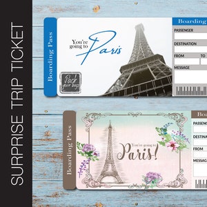 Printable PARIS Surprise Trip Gift Ticket. Boarding Pass. Printable Ticket. Trip Ticket. Vacation Ticket. Editable PDF Instant Download
