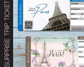 Printable PARIS Surprise Trip Gift Ticket. Boarding Pass. Printable Ticket. Trip Ticket. Vacation Ticket. Editable PDF Instant Download