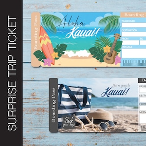Printable KAUAI Surprise Trip Gift Ticket. Boarding Pass. Printable Ticket. Trip Ticket. Vacation Ticket. PDF Instant Download