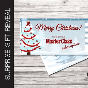 Coupon de révélation modifiable pour l'abonnement MASTERCLASS.  Bon d'abonnement pour les fêtes.  Billet de Noël. Tout le texte est modifiable