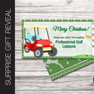 Editierbarer GOLF LESSONS Surprise Gift Reveal Coupon.  Urlaubs-Abo-Gutschein.  Weihnachtskarten-Gutschein. Der gesamte Text ist bearbeitbar.
