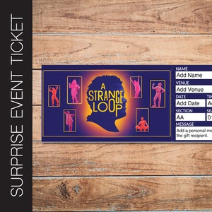 Könnte beinhalten: Ein blaues Ticket mit den Worten "A Strange Loop" in Rosa und Weiß. Das Ticket zeigt eine Silhouette eines Personenkopfes mit rosa und weißem Umriss. Das Ticket hat Felder für Name, Veranstaltungsort, Datum, Uhrzeit, Sektion, Sitzplatz und eine Nachricht.