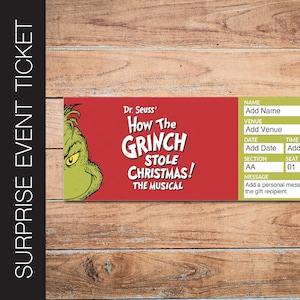 Druckbare GRINCH Broadway Überraschungskarte. Bearbeitbares Musiktheater Faux Event Eintritt Souvenir Andenken. PdF Sofortiger digitaler Download.