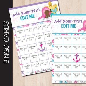 EDÍTAME: Juego de Bingo de Sirenas. 40 tarjetas con texto editable. Para despedidas de soltera, baby shower, cumpleaños y aulas. Descargar archivo.