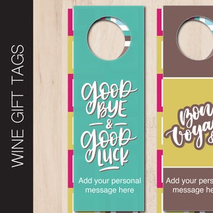 Etichetta regalo personalizzata per vino FAREWELL stampabile. Bon Voyage. Arrivederci. Etichetta per bottiglia di vino bifacciale modificabile. File PDF scaricabile all'istante