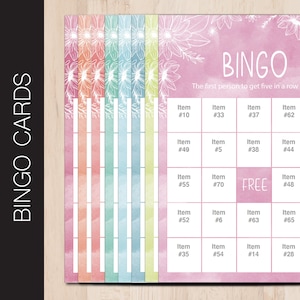 Juego de Bingo de ACUARELA imprimible. 8 colores. Añade tus 72 elementos únicos. 40 tarjetas PDF editables. Descarga instantánea. Archivo digital imprimible.