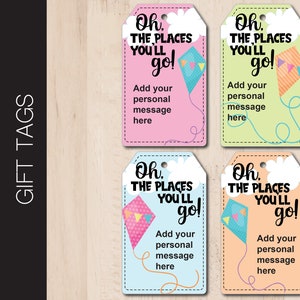 Bewerkbare cadeaukaartjes met OH THE PLACES You'll Go-thema. Afstuderen. Gefeliciteerd. Pensioen. Promotie.  Afstudeercadeaus. Direct downloaden 0072