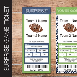 Bearbeitbare SEATTLE Farben Football Game Geschenk enthüllen Ticket.  Bearbeitbarer Sofortiger Download. Blaue und Grüne Karte