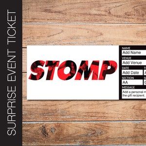 Druckbare STOMP Broadway Überraschungskarte. Bearbeitbares Musiktheater Faux Event Eintritt Souvenir Andenken. PDF Sofortdownload.