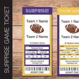 Bearbeitbares MINNESOTA Colors Football Game Gift Reveal Ticket.  Bearbeitbarer Sofortiger Download. Lila und Gold Ticket.