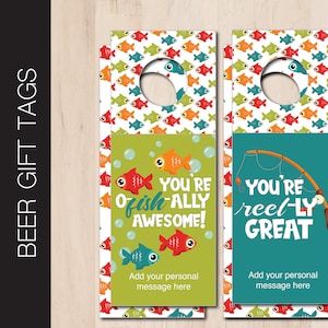 Printable FISHING Beer Bottle Gift Tag.  Birthday. Editable 2-sided Beer Bottle Label Instant Download PDF