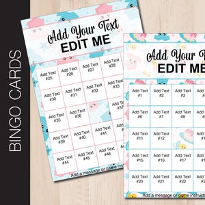 Jeu de bingo EDIT ME. 40 cartes entièrement modifiables. Baby Shower | Fête révélatrice du genre | Fête d'adoption. Télécharger le fichier