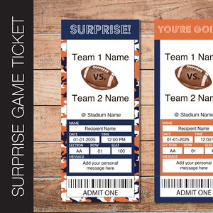 Bearbeitbar DENVER Farben Fußballspiel Geschenk enthüllen Ticket.  Bearbeitbarer Sofortiger Download.  Blaue und Orange Karte