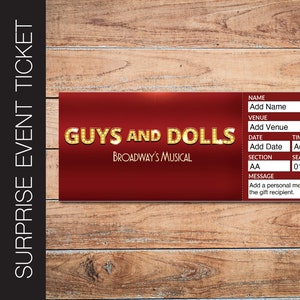 Printable GUYS and DOLLS Broadway Surprise Ticket. Editable Musical Theatre Faux Event Admission Souvenir Keepsake. PDF Instant Download.