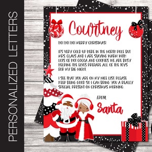 Carta personalizada editable de Papá Noel negro. Correo del Polo Norte. Nochebuena. 21,5 x 28 cm. Enviar por correo electrónico o imprimir. Plantilla Corjl.