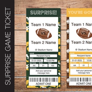 Bearbeitbar GREEN BAY Farben Fußballspiel Geschenk offenbaren Ticket.  Bearbeitbarer Sofortiger Download.