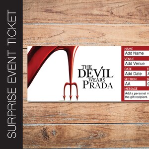 Boleto sorpresa imprimible para Broadway de DEVIL Wears PRADA. Recuerdo editable de entrada a un evento de teatro musical. Descarga instantánea en formato PDF.