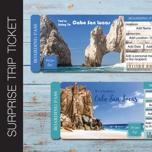Todos os textos editáveis CABO San LUCAS Surprise Trip Gift Ticket. Cartão de embarque. Bilhete de viagem. Bilhete de férias. Download instantâneo de arquivo PDF editável