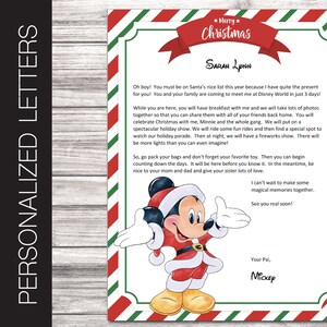 Letras personalizadas editables de Mickey para Navidad que anuncian un viaje sorpresa. Regalo navideño. Descarga instantánea. Tamaño completo: 8.5" x 11".