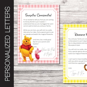 Letras personalizadas imprimibles de WINNIE: Viaje sorpresa revelado. Winnie y sus amigos: Pooh, Rito, Tigger y Piglet. 13 x 18 cm. Texto editable.