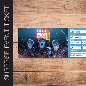 Druckbare BLUE MAN Broadway Surprise Ticket. Bearbeitbares Musiktheater Faux Event Eintritt Souvenir Andenken. PdF Sofortiger digitaler Download.