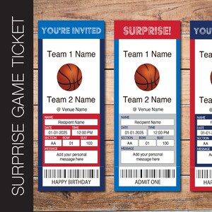 May include: Three printable basketball game ticket templates. Each ticket has a blue and red border with a basketball graphic and the text "You're Invited", "Surprise!" and "You're Going".