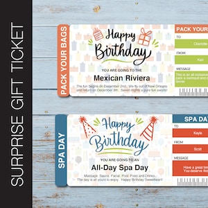 Druckbarer GEBURTSTAG Alle bearbeitbaren Überraschungsgeschenk zeigen. Bordkarte. Druckbares Ticket. Fahrtkarte. Urlaubsticket. Sofort Download