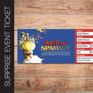 Printable SPAMALOT Broadway Surprise Ticket. Editable Musical Theatre Faux Event Admission Souvenir Keepsake. PdF Instant Digital Download.