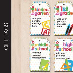 Étiquettes cadeaux modifiables pour la promotion HELLO SCHOOL. Jardin d'enfants. 1re année. Collège. Lycée.  Balise modifiable. Téléchargement instantané