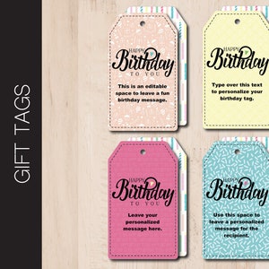 Bearbeitbare HAPPY BIRTHDAY Themed Geschenkanhänger. Doppelseitig bedruckbarer Geschenkanhänger zum Geburtstag. Sofort Download