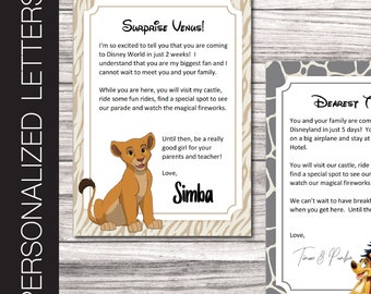 Letras personalizadas imprimibles de EL REY LEÓN. Viaje sorpresa. Simba. 13 x 18 cm. Texto editable.