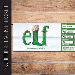 Druckbare ELF Broadway Überraschungskarte. Bearbeitbares Musiktheater Faux Event Eintritt Souvenir Souvenir Andenken PDF Sofortiger Download