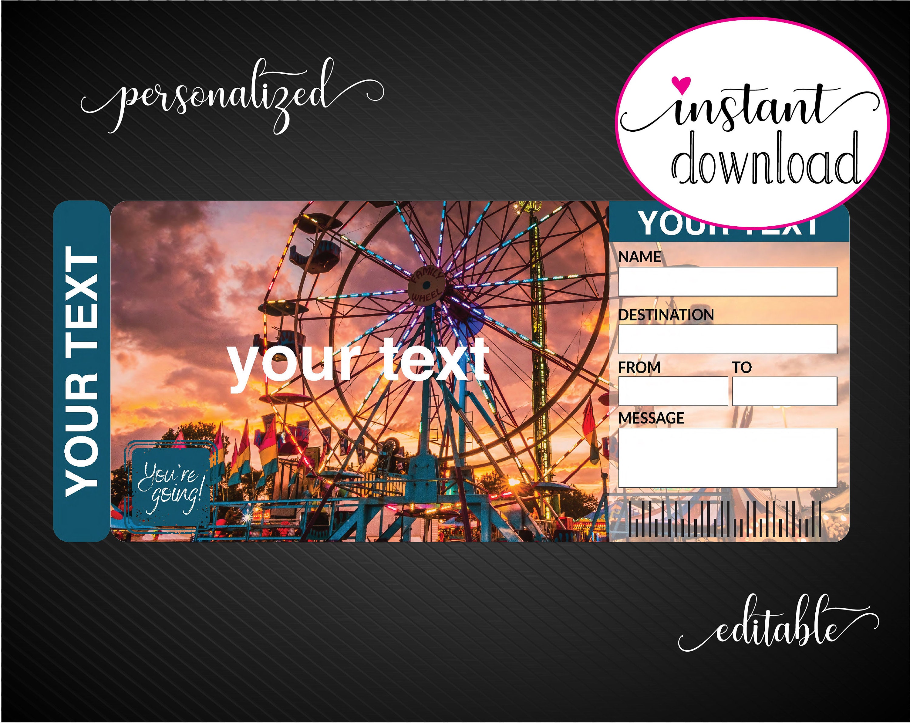 Printable FAIR or THEME PARK Surprise Gift Reveal Ticket. Admission ...
