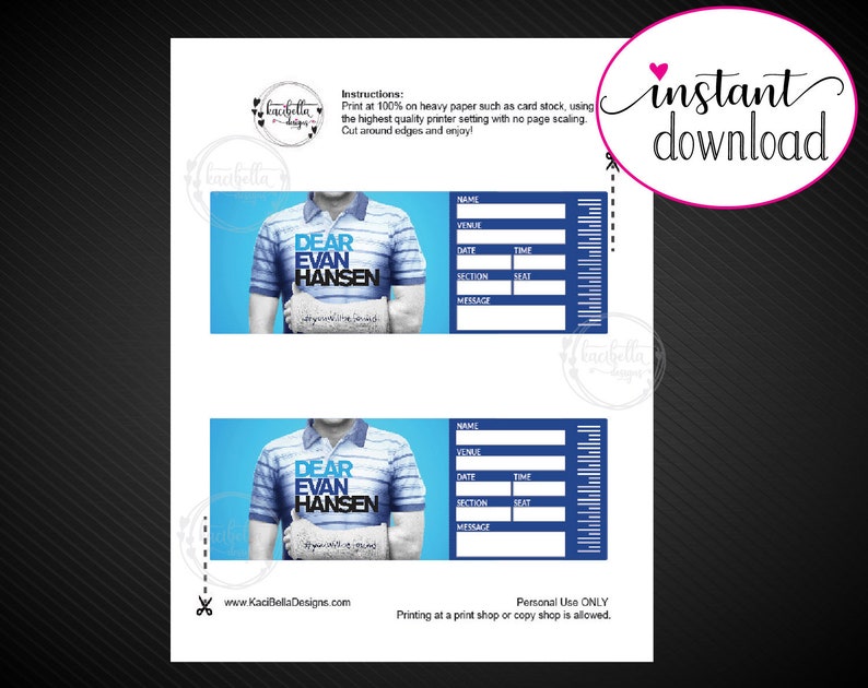 Printable DEAR EVAN HANSEN Broadway Surprise Ticket. Editable | Etsy