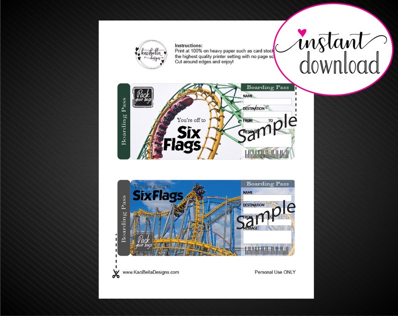 printable six flags surprise gift ticket boarding pass trip etsy