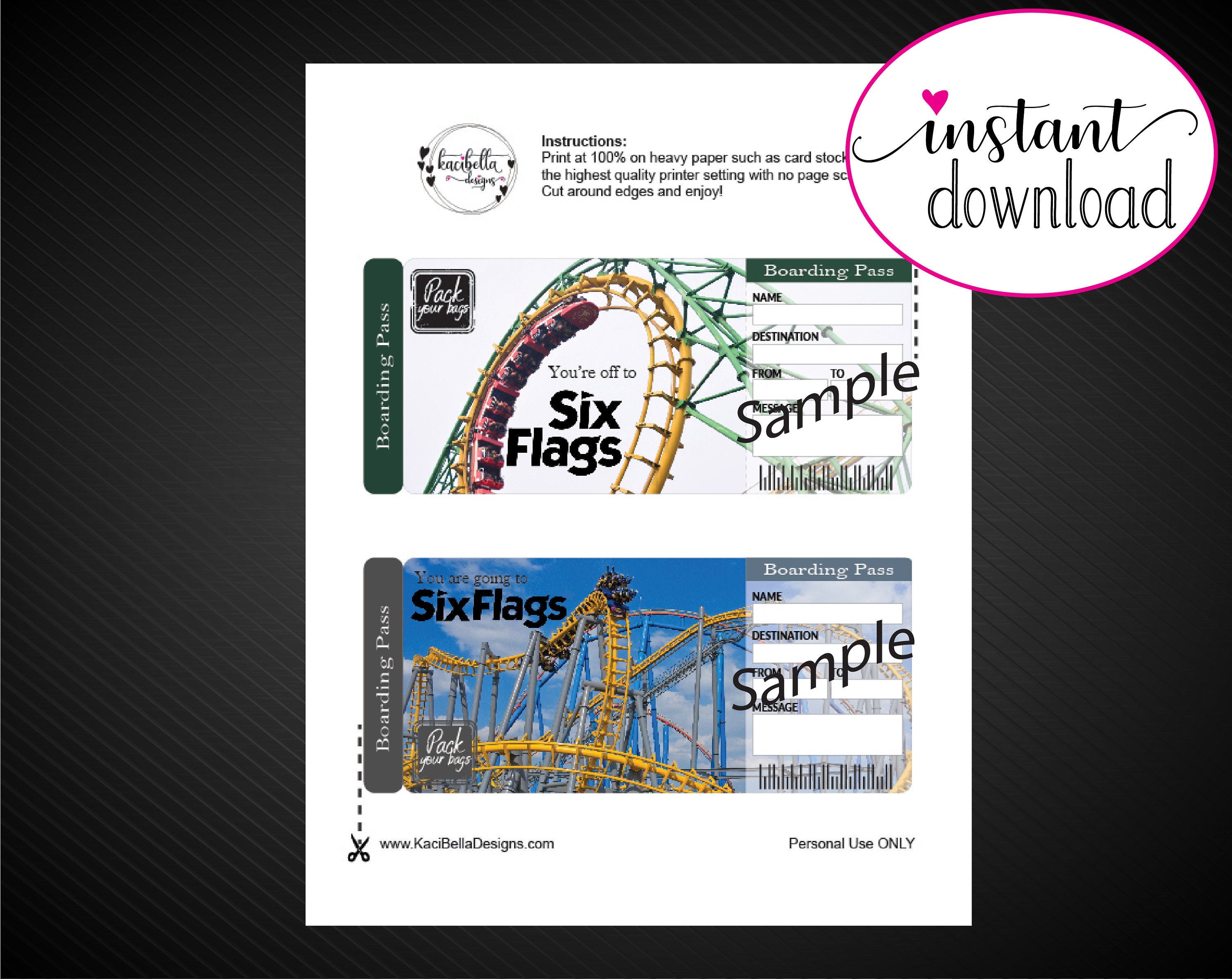 Printable SIX FLAGS Surprise Gift Ticket. Boarding Pass. Trip Etsy