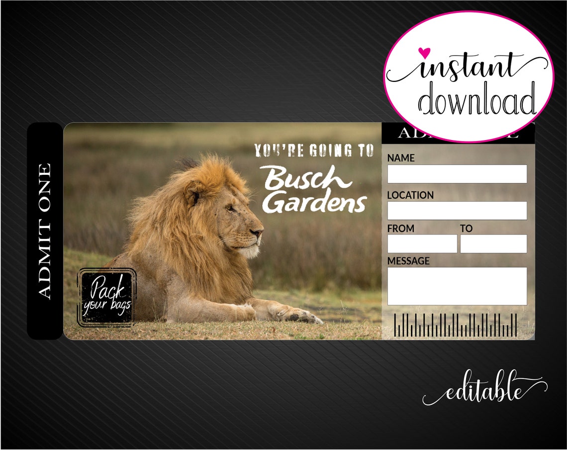 Printable BUSCH GARDENS Surprise Trip Tickets. Vacation - Etsy
